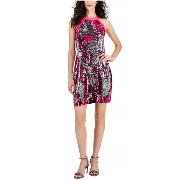 NEW Sam Edelman Hot Pink Sequin Sleeveless Sheath Cocktail Dress SZ 6 Silver NWT - Picture 1 of 15